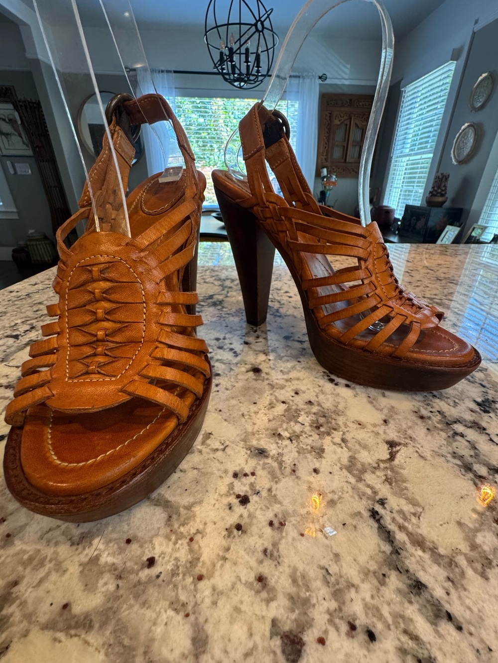 Vintage Frye Joy Huarache Caged Tan Leather Strappy Platform High Heel Sandals